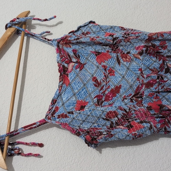 4/$12 Knox Rose Blue Red Floral Smocked Bodice Tiered Skirt Midi Dress - Picture 3 of 11